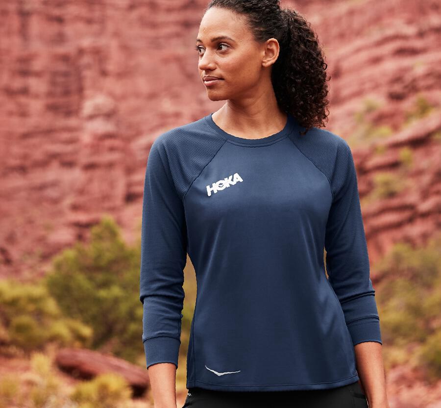 Hoka One One Top Damske Námornícka Modrá - Performance 3/4 Sleeve - 14680-JVQW